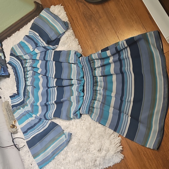 Striped Mini Dress Blue White Off Shoulder Smocked Waist Summer Casual NWT - Picture 4 of 11